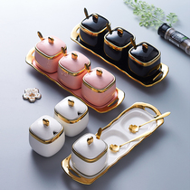 Ceramic seasoning box light extravagance seasoning jar household with lid Nordic simple kitchen salt jar three-piece set
