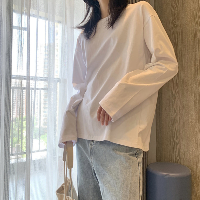 White cotton spring and autumn dress womens ins tide round collar foundation long-sleeved loose classic bottom T-shirt solid color repair body clothes