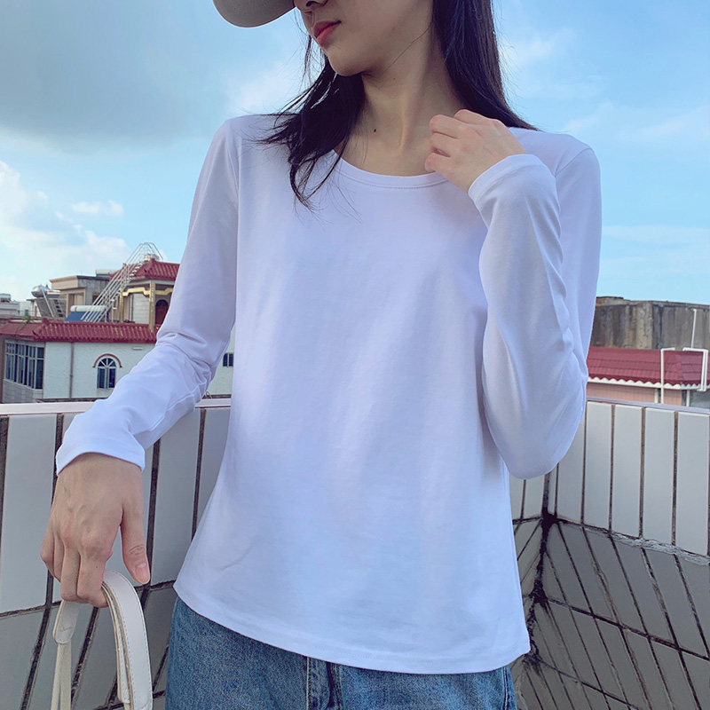 Spring autumn and winter low-necked white t-shirt womens long-sleeved t-shirt tight slim autumn clothes pure cotton inside the ins hundred