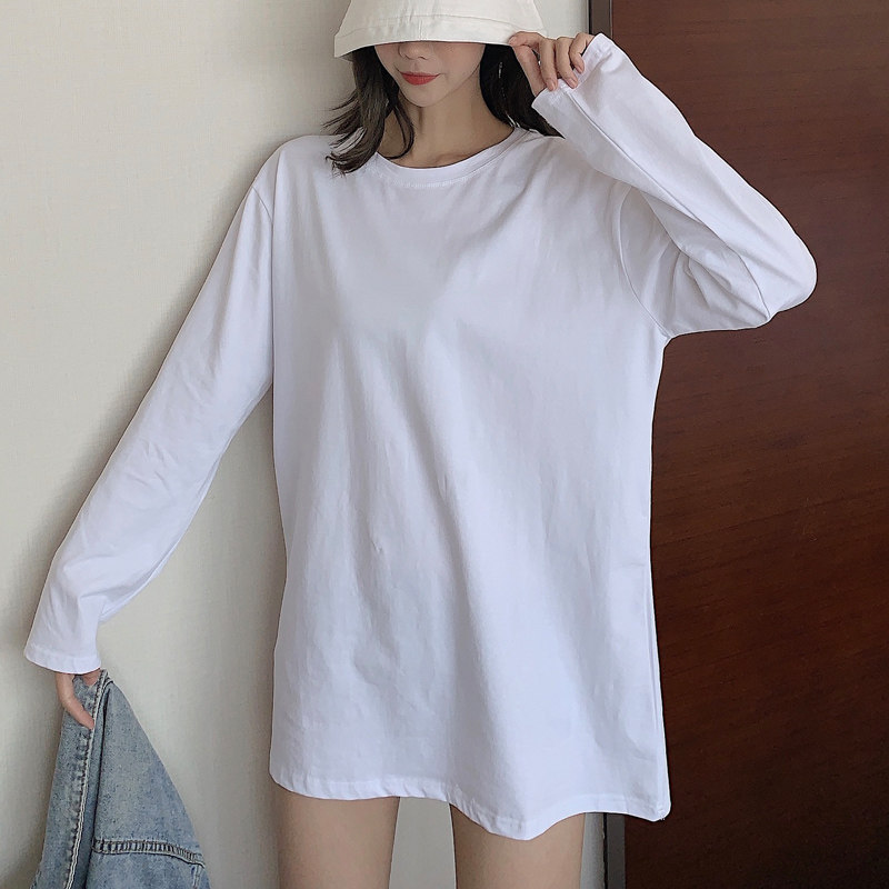 South Koreas spring and autumn simple hundred set of solid color mid-length bottom shirt cotton white t loose-neck long-sleeved T-shirt female tide