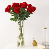 Flannel rose simulation flower high-grade fake flower 10 single long branches Living room TV cabinet floor-to-ceiling decorative ornaments red