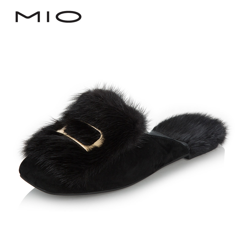 MIO Mio women's shoes spring and summer shopping mall fashion Plush button female slippers M182200505