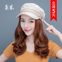 Navy wig hat integrated fashion long curly hair female simulation detachable summer fashion Net red trend long hair