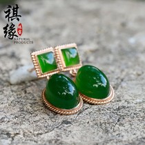 Hotan Jasper earrings 18K gold inlaid jade double earrings Jade hot sale spinach green Jewelry earrings face thin face