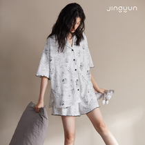 Jingyun new pajamas womens summer short sleeve thin cardigan cotton loose home clothes summer large size suit