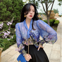  Mr WATER water drop Jun night elf French micro-transparent top womens simulation silk long-sleeved sunscreen shirt spring and autumn