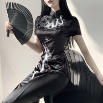 New dark Chinese style cheongsam high split long disc buckle black sexy jk improved version of dragon slim-fit dress
