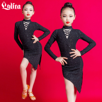 Lolita childrens Latin dance performance clothing autumn and winter black long sleeve childrens performance sequins split dance practice uniforms