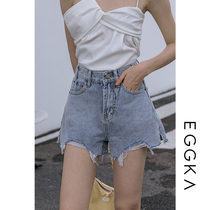EGGKA broken edge denim shorts womens summer thin straight loose wide leg pants high waist a-line pants small hot girl