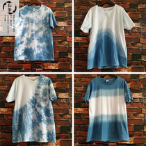 Yunnan tie-dyed clothes Dali Bai handmade T-shirt long sleeve custom plant blue dyed cotton round neck men and women short sleeves