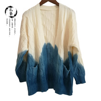 Tie-dyed sweater womens autumn and winter thick Yunnan Dali Bai handmade grass and wood dyed ethnic style outside knitted cardigan short