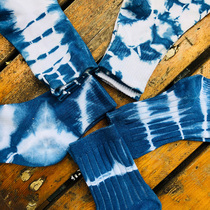 Original new 5 kinds of patterns autumn and winter blue dyed handmade plant tie-dyed socks middle tube high cotton male and female thick models