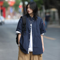 Your first love Lao Wang Japanese retro frock short-sleeved shirt mens fashion brand bf lazy wind half-sleeve jacket shirt women