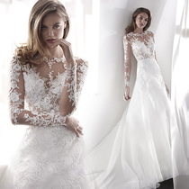 Angel wedding dress noble and elegant French bride lace long sleeve slim big tailed wedding dress wholesale w3666Q