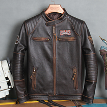 The new leak-picking first layer cowhide riding suit motorcycle leather jacket mens leather leather jacket stand-up collar short embroidery jacket