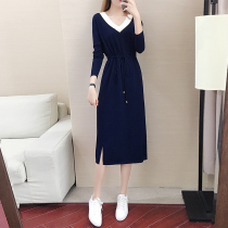 V-collar casual waist split knitwear skirt over the knee 2021 autumn wear new temperament age long ice silk T-shirt skirt