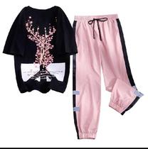 2021 summer casual sportswear suit Female student loose short-sleeved printed foreign style fashion two-piece set tide