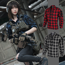 TRN]BAC black and gray industrial commuter tactical plaid shirt through top spring and autumn thin section