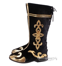 Mens Mongolian dance boots long tube Black gold flower dance shoes High tube dance boots lace-up section