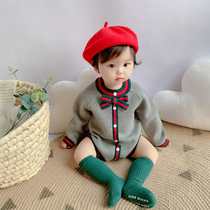 ins21 spring and autumn Korean version of the baby western style knitted bow long-sleeved one-piece romper baby wool bag fart climbing suit