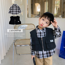 Boys plaid shirt Baby spring and autumn vest shirt Two-piece suit tooling suit Childrens foreign style Korean version of the top