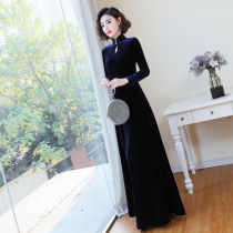 Banquet evening dress female 2021 New noble temperament Tibetan blue long high-end thin annual host dress