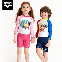 Arena Arina little yellow childrens one-piece five-point swimsuit for men and women childrens long-sleeved sunscreen cartoon print quick-drying
