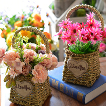 Grass hand-held flower basket simulation flower grass rattan basket flower arrangement flower plant garden flower pot hand-made small basket