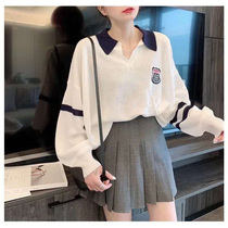 polo collar white cardigan thin female 2021 autumn new lazy wind loose knitted base top sweater tide