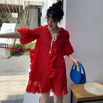 Red retro bubble sleeve dress women's summer 2021 new foreign style Joker design feeling niche v-neck skirt