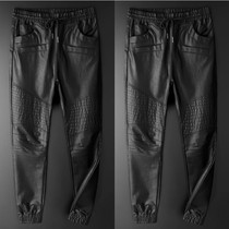 Take-out riding padded leather pants mens thin Korean slim pants loose zipper elastic waist Haren pants
