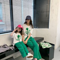 2022 summer mother woman parenting suit girl short sleeve T-shirt casual long pants child BV green fashion sport two sets
