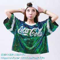 New embroidery plus size sequins short sleeve t-shirt womens shiny top tide hip hop loose jazz square dance costume
