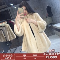 New young Haining fur womens clothing with hat imported whole mink mid-length mink coat mink fur coat