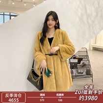 2021 new mink fur coat female whole mink medium long young fashion v collar belt imported mink coat