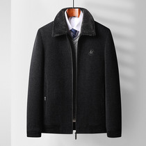 Middle-aged and elderly father autumn and winter clothing woolen coat plus velvet thickened mens loose casual chenille jacket cotton coat