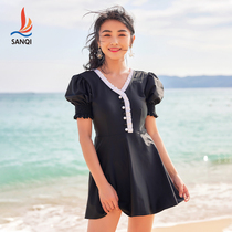 Sanqi conservative belly cover short-sleeved sunscreen black slim one-piece skirt swimsuit female ins wind bathing hot spring swimsuit