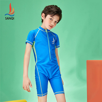 Sanqi childrens swimsuit boys one-piece short-sleeved 2021 new breathable quick-drying Korean version of small medium and large childrens swimming wear
