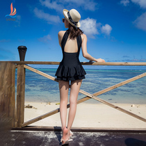 Sanqi swimsuit female sense halter ins wind one-piece conservative fairy fan black thin belly cover hot spring swimming suit
