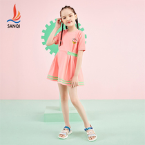 Sanqi childrens swimsuit summer girls cute princess skirt short-sleeved split quick-drying Korean version of the big childrens swimming suit