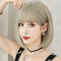  Wig womens short hair summer beige net red round face age-reducing bobble head buckle short straight hair Beige full head cover style