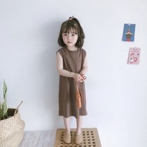 Girls spring 2021 Korean baby casual simple loose Western style girl sleeveless medium long T-shirt dress
