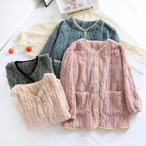 Coral fleece pajamas women's single coat spring and autumn and winter flannel padded plus velvet collarless warm cardigan home clothing