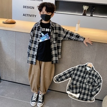 Boy shirt spring autumn loose blouse 2022 new Korean version Long sleeves Child foreign air black and white plaid shirt spring clothing