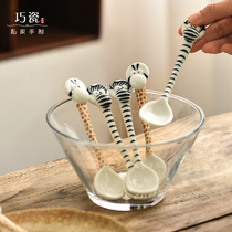Cute giraffe zebra ceramic spoon long handle spoon Japanese home eating spoon coffee ice cream Net Red