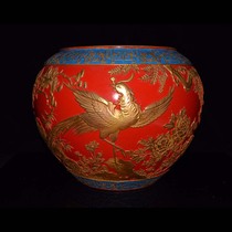CQ2671 Qing Qianlong style apple jar with embossed carmine red glaze flower and bird pattern