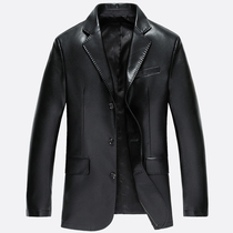 Broken code leather mens middle-aged casual leather suit Medium-long jacket slim jacket suit 2019 new handsome