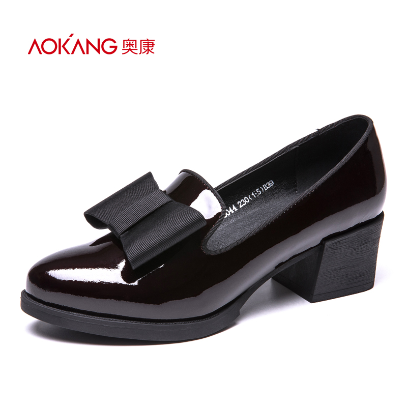 Okang women's shoes bow sweet thick heel fashion women's single shoes lacquer leather bright sweet young women's shoes