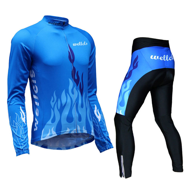 Wellcls New Long Sleeve Blue Flame Cycling Suit Long Sleeve Cycling Suit Bicycle Cycling Suit