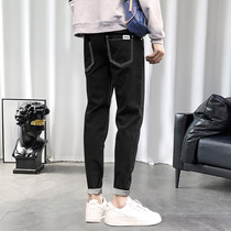 2021 autumn new denim trousers mens straight black slim feet nine loose Korean trend spring and autumn